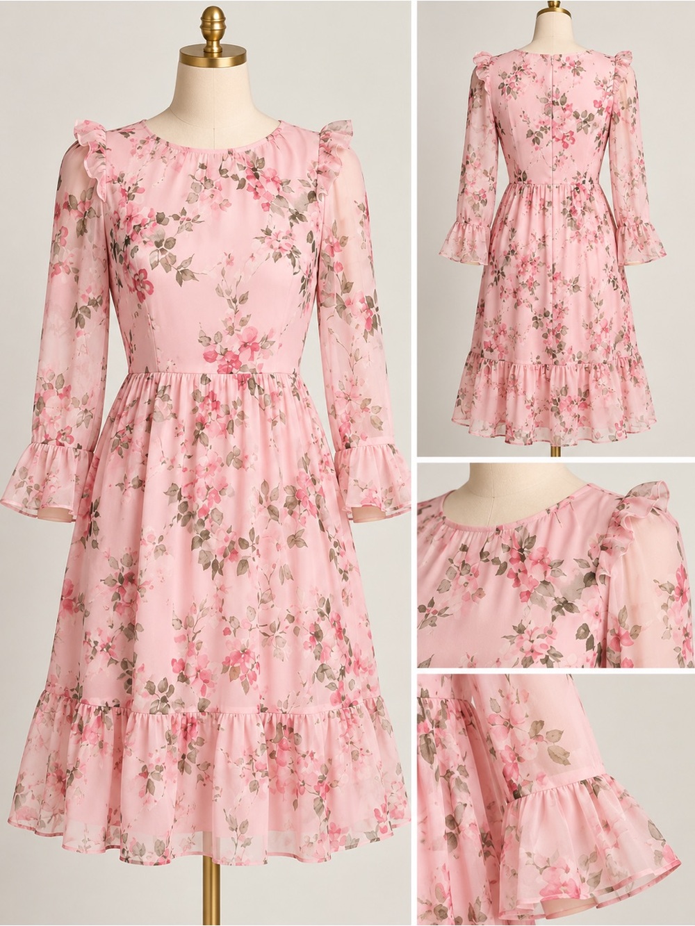 Calvin Klein Pink Floral Chiffon Ruffle Dress Size 14 NWOT